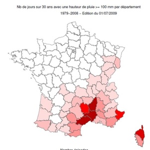 Pluies intenses - Nombre de jours sur la période 1979-2008 avec les précipitations au moins égales à 100mm en 24h. Document Météofrance