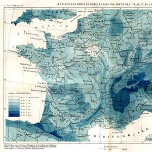 Pluviométrie de la France et d'une partie de l'europe - Carte extraite du « Monde Physique » T. 5 de Amédée Guillemin